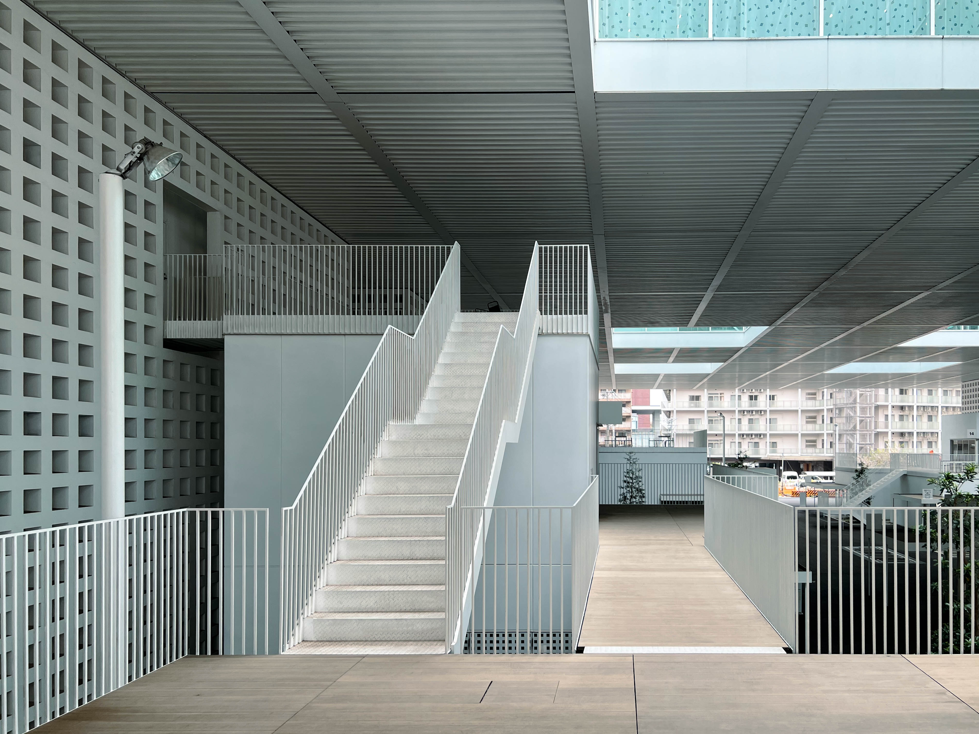 Staircases, bridges, and outdoor spaces.