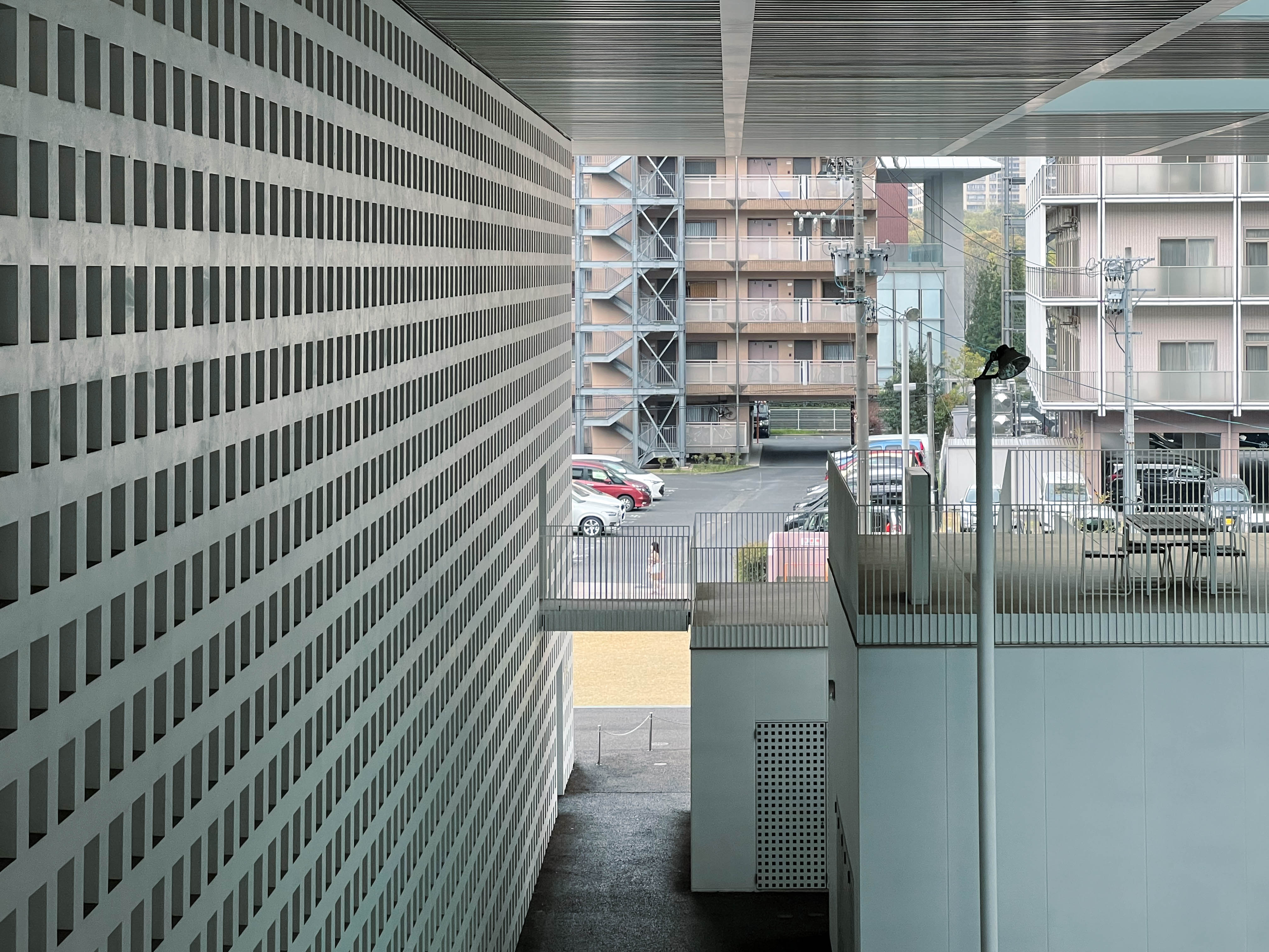 Staircases, bridges, and outdoor spaces.